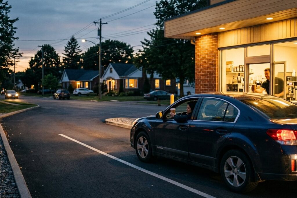 A car at a beverage store drive-thru window at dusk
