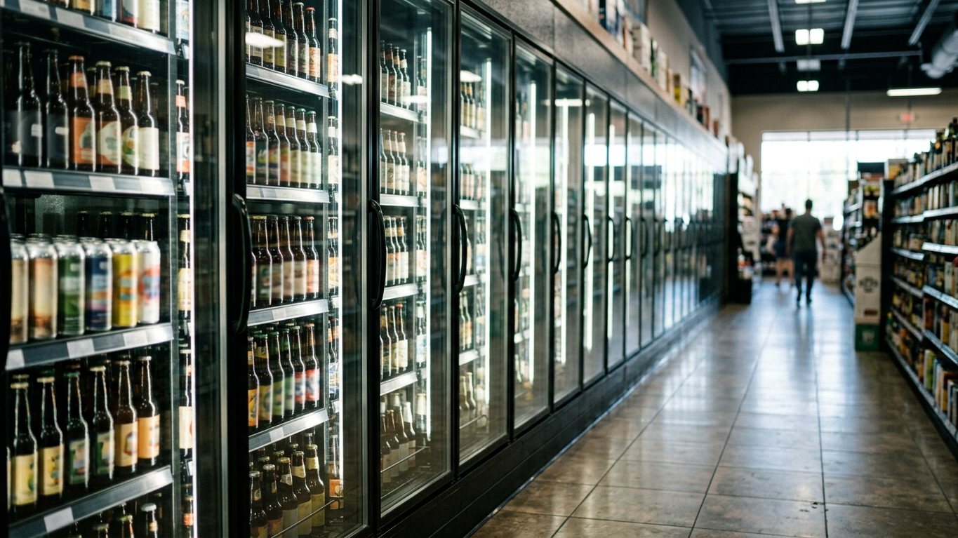 A row of glass-door coolers stocked with beer