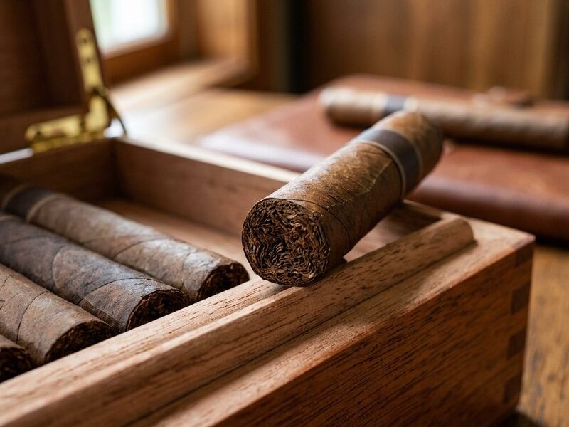 Premium cigars resting in an open cedar box