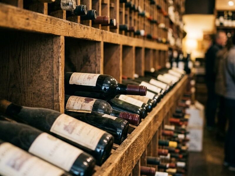 Wine bottles lying in a wooden rack